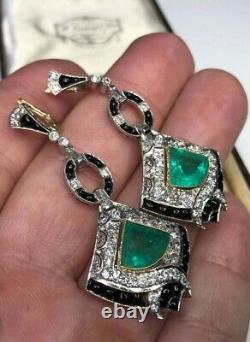 10 CT Art Deco Vintage Colombian Emerald & Diamond Dangle Earring In 925 Silver