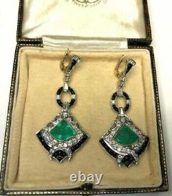 10 CT Art Deco Vintage Colombian Emerald & Diamond Dangle Earring In 925 Silver