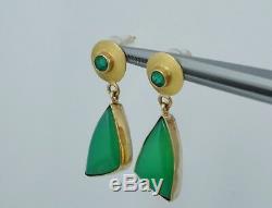 14K Sterling Green Emerald & Chalcedony Modernist Dangle Earrings Vintage