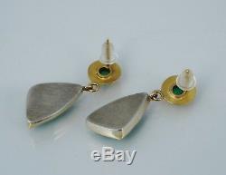 14K Sterling Green Emerald & Chalcedony Modernist Dangle Earrings Vintage