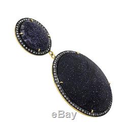 14k Gold Pave Diamond Gemstone Dangle Earrings Vintage Sterling SilverJewelry