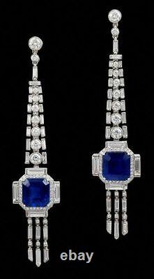1925's Egypt Art Deco Vintage Long Drop White & Blue Sapphire Amazing Earrings
