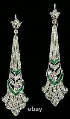 1925's Vintage Art Deco Style Cubic Zirconia and Emerald Stone Dangle Earrings