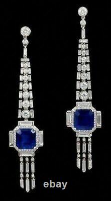 1930 Egypt Art Deco Vintage Long Drop White CZ & Blue Sapphire Amazing Earrings