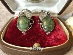 1991's Vintage USSR Sterling Silver 925 Women's Jewelry Earrings Stud Ear Jade