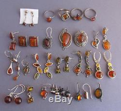 3d Vintage Sterling 36 Piece Mixed Amber Ring Lot 76.7g
