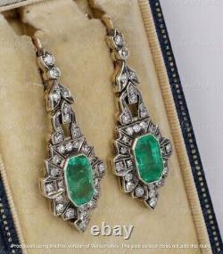 4Ct Lab Created Emerald Vintage Art Deco Style Dangle Earrings 14K White Gold Fn