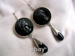 50's Vintage Sterling Silver 925 Cameo Jewelry Stud Ear Earrings Made in Czech