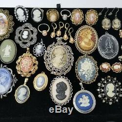 51 pc Vintage&Mod Cameo Jewelry LOT Brooches Earrings- Sterling, Germany, Florenza