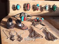57g vintage turquoise sterling silver jewelry LOT rings bracelet earrings coral