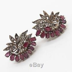 925 Sterling Silver / 14K Vintage Real Diamond & Ruby Gem Wing Design Earrings