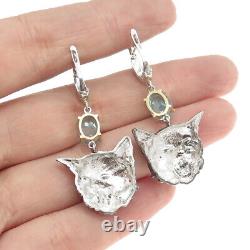925 Sterling Silver 18K Gold Vintage Real Diamond & Blue Topaz Cat Earrings