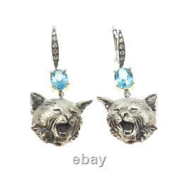 925 Sterling Silver 18K Gold Vintage Real Diamond & Blue Topaz Cat Earrings