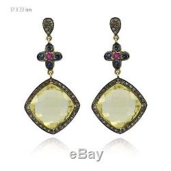 925 Sterling Silver Citrine Gemstone Dangle Vintage Handmade Earrings Jewelry
