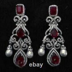 925 Sterling Silver Earrings Cubic Zirconia Vintage Style Red Pear drop Pearl