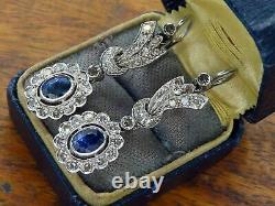 925 Sterling Silver Elongated Vintage Art Deco Earring 3.24Ct Sapphire & Diamond