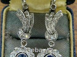 925 Sterling Silver Elongated Vintage Art Deco Earring 3.24Ct Sapphire & Diamond