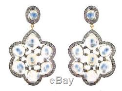 925 Sterling Silver Moonstone Dangle Earrings 14K Gold Diamond Vintage Jewelry
