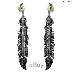 925 Sterling Silver Pave 1ct Diamond LEAF Dangle Earrings 14k Gold Vintage Style