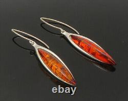 925 Sterling Silver Vintage Amber Shiny Oblong Dangle Earrings EG11061