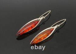 925 Sterling Silver Vintage Amber Shiny Oblong Dangle Earrings EG11061