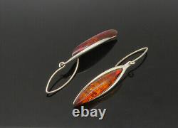 925 Sterling Silver Vintage Amber Shiny Oblong Dangle Earrings EG11061