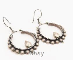 925 Sterling Silver Vintage Beaded & Rope Twist Hoop Dangle Earrings EG12361