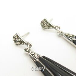 925 Sterling Silver Vintage Black Onyx & Marcasite Gem Art-Deco-Style Earrings