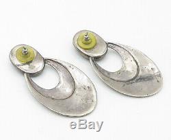 925 Sterling Silver Vintage Cabochon Cut Black Onyx Large Drop Earrings- E5357