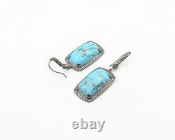 925 Sterling Silver Vintage Cabochon Turquoise & Topaz Dangle Earrings- EG9686