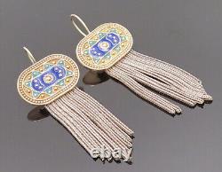 925 Sterling Silver Vintage Enamel Art & Chain Strand Dangle Earrings- EG12336