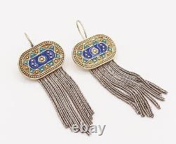 925 Sterling Silver Vintage Enamel Art & Chain Strand Dangle Earrings- EG12336