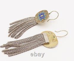 925 Sterling Silver Vintage Enamel Art & Chain Strand Dangle Earrings- EG12336