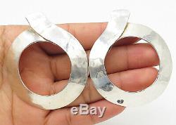 925 Sterling Silver Vintage Large Hammered Modernist Hoop Earrings E4635