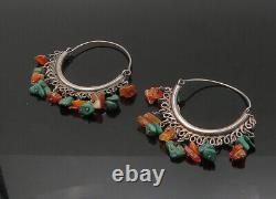 925 Sterling Silver Vintage Malachite & Agate Charmed Hoop Earrings EG10859