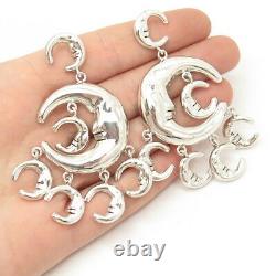 925 Sterling Silver Vintage Mexico Crescent Moon Face Hollow Dangling Earrings