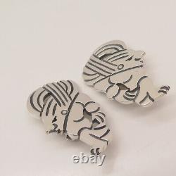 925 Sterling Silver Vintage Mexico Tribal Clip On Earrings