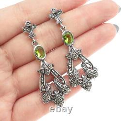 925 Sterling Silver Vintage Real Peridot & Marcasite Gemstone Dangling Earrings