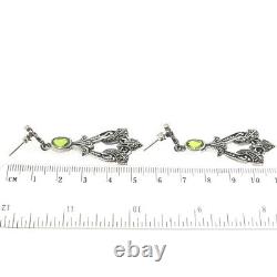 925 Sterling Silver Vintage Real Peridot & Marcasite Gemstone Dangling Earrings