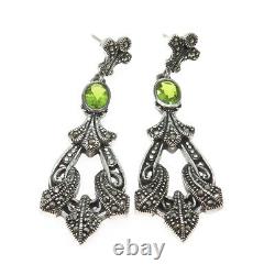 925 Sterling Silver Vintage Real Peridot & Marcasite Gemstone Dangling Earrings