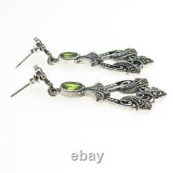 925 Sterling Silver Vintage Real Peridot & Marcasite Gemstone Dangling Earrings