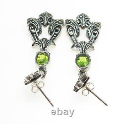 925 Sterling Silver Vintage Real Peridot & Marcasite Gemstone Dangling Earrings