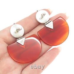 925 Sterling Silver Vintage Real Red Agate & Black Onyx Gemstone Earrings