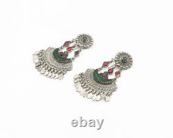 925 Sterling Silver Vintage Red & Green Topaz Chandelier Earrings EG9432