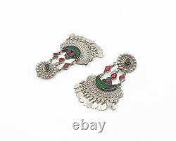 925 Sterling Silver Vintage Red & Green Topaz Chandelier Earrings EG9432