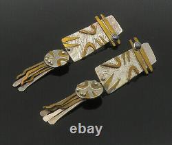 925 Sterling Silver Vintage Shiny Hematite Modernist Drop Earrings EG10559