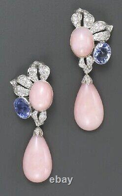 925 Sterling Silver Vintage Style Pink Opal & CZ Solid Pendant Earrings Women
