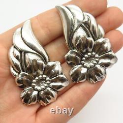 925 Sterling Silver Vintage Tulla Booth Floral Design Large Clip On Earrings