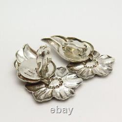 925 Sterling Silver Vintage Tulla Booth Floral Design Large Clip On Earrings