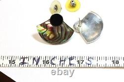 925 sterling silver abalone shell black onyx half moon stud earrings vintage 4g